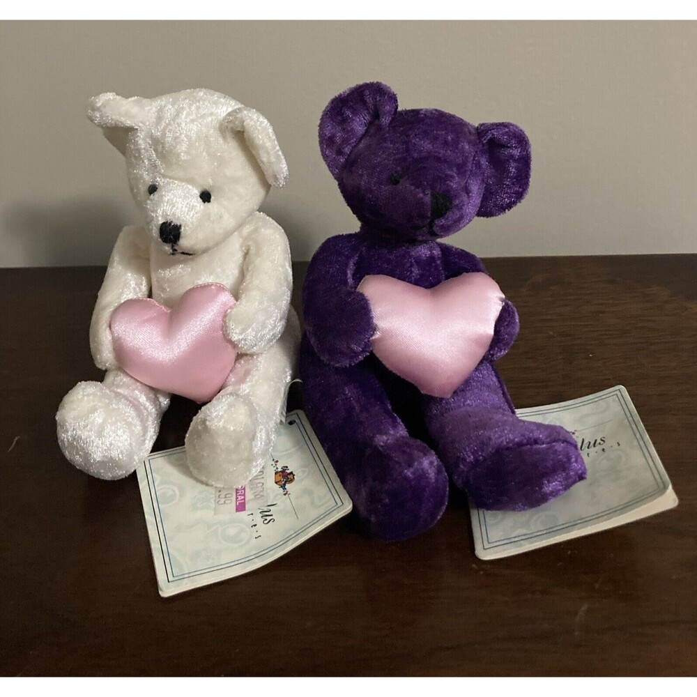 Lot of 2 Russ Berrie Russplus Lil Luv Sitting Bears Beanbag Pink Hearts Tags 6”